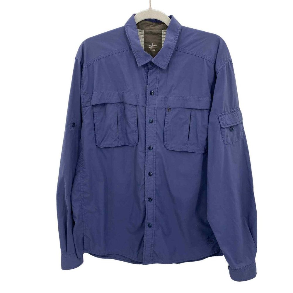 REI Button Front Shirt Mens Large Blue‎ Polyester Vented Pockets Roll Tab